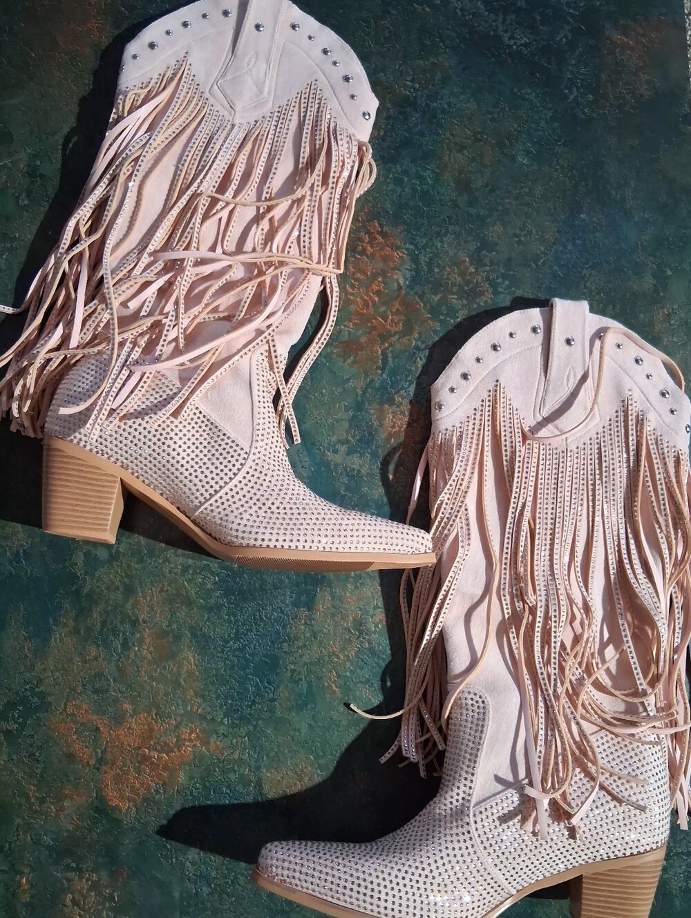 Fringed Perforated Western Knee High Boots- Blush
